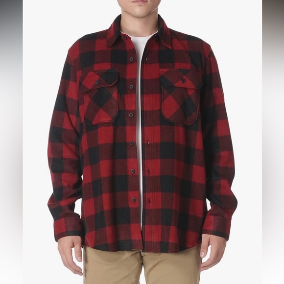 Wrangler Authentics Men Long Sleeve Heavyweight Red Black Plaid Fleece Shirt 2XL - Picture 1 of 9